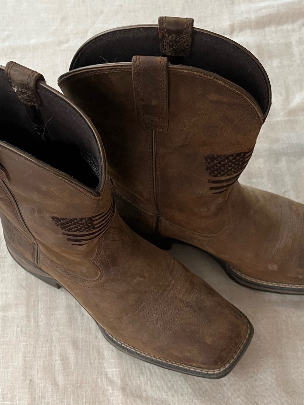 Ariat Brown Suede Western Work Boots with American Flag Stitching
